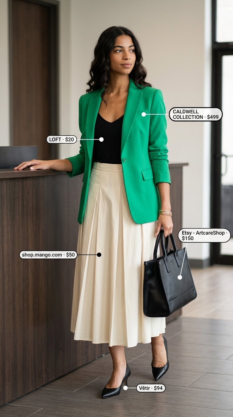 Summer office blazer outfits for women 2026: Emerald green blazer with cream pleated skirt & black pumps for an artistic look.