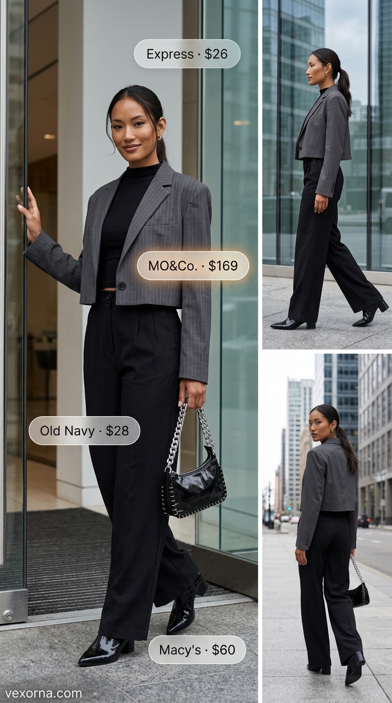 Summer office blazer outfits for women 2026: Light grey cropped blazer with black wide-leg pants for an office event.