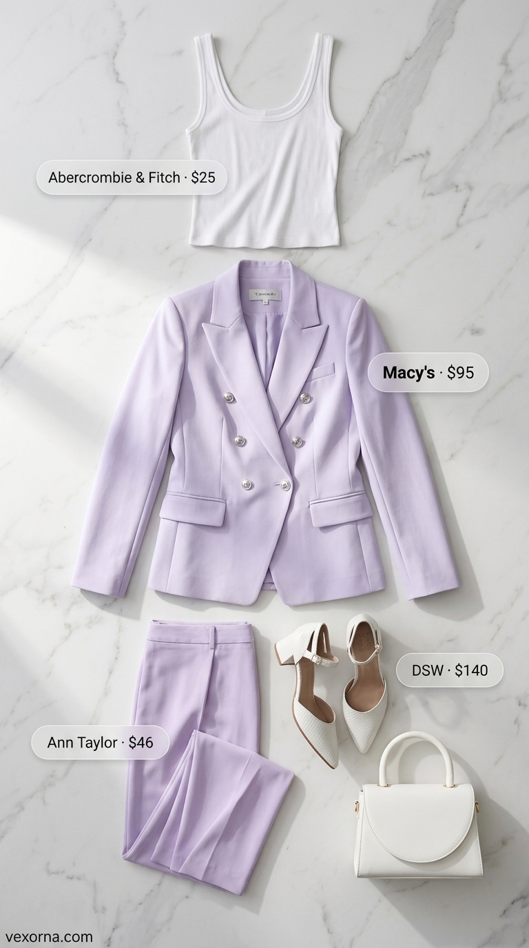 Summer office blazer outfits for women 2026: Lavender power suit with white tank & block heel pumps for a confident look.