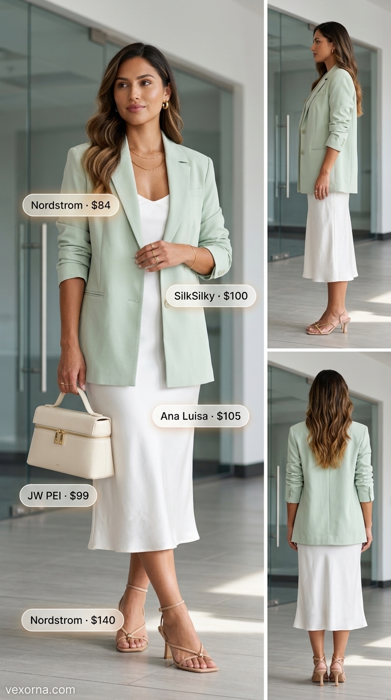 Summer office blazer outfits for women 2026: Mint green blazer with white slip dress for a creative presentation.