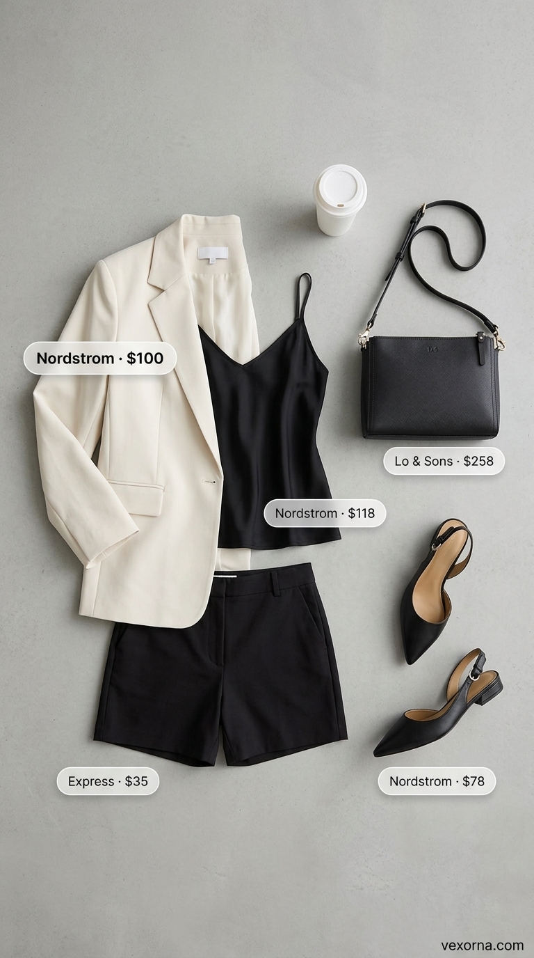 Summer office blazer outfits for women 2026: Cream oversized blazer with black leather shorts & slingbacks for a modern look.