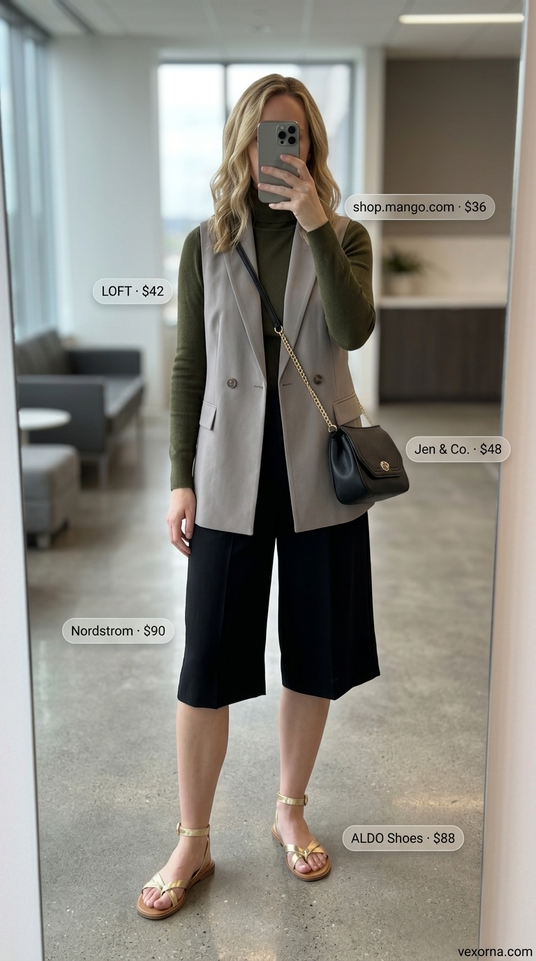 Summer office blazer outfits for women 2026: Olive green sleeveless blazer vest with black culottes for warm weather.