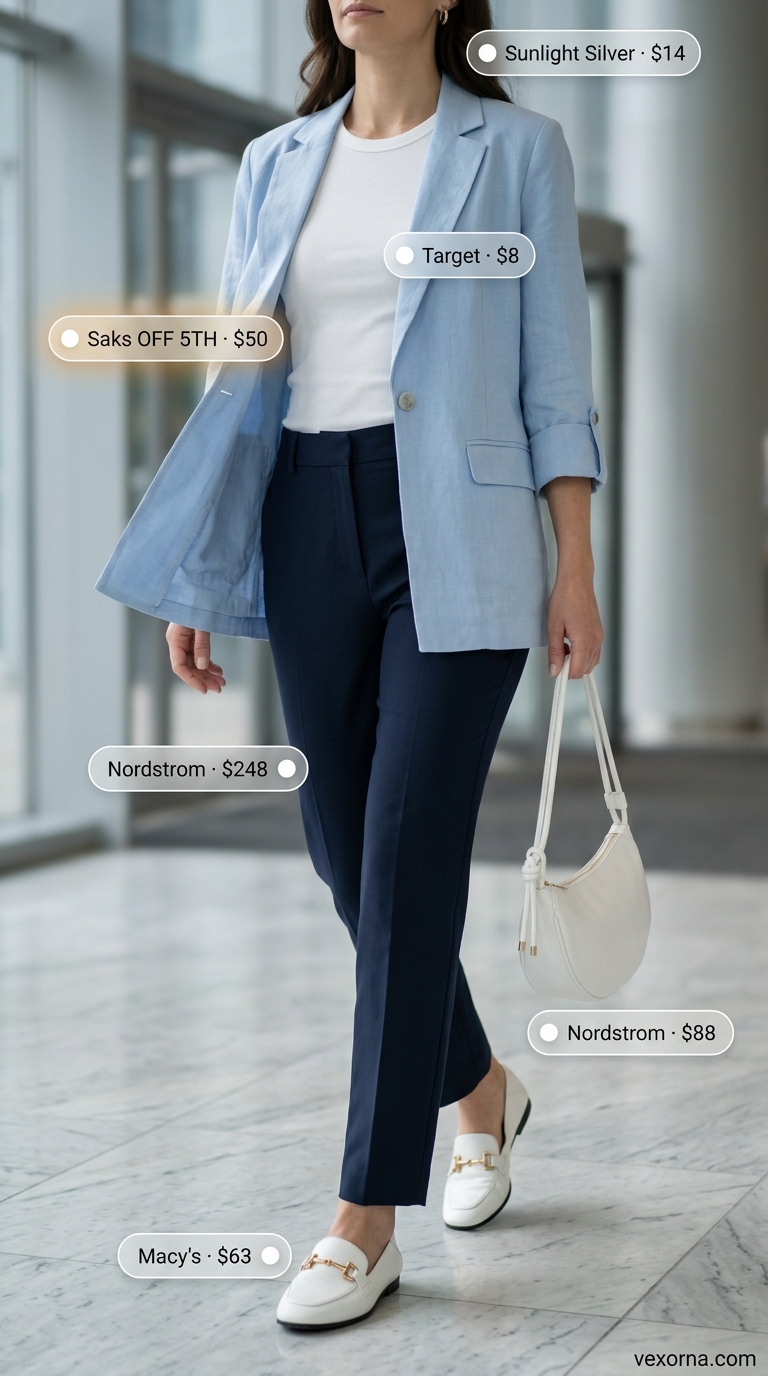 Summer office blazer outfits for women 2026: Pale blue oversized blazer with white tank & navy pants for casual Friday.