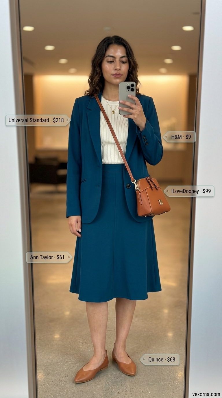 Summer office blazer outfits for women 2026: Deep teal blazer with cream midi skirt & tan ballet flats for refined comfort.