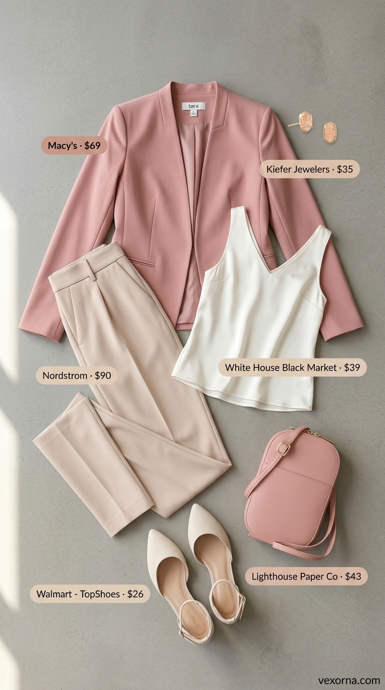 Summer office blazer outfits for women 2026: Dusty rose blazer with cream cigarette pants & d'Orsay flats for a soft look.