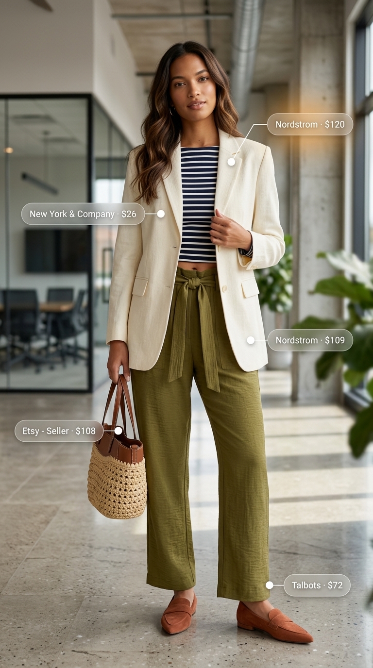 Summer office blazer outfits for women 2026: Ivory linen blazer with olive paperbag trousers & striped knit top.