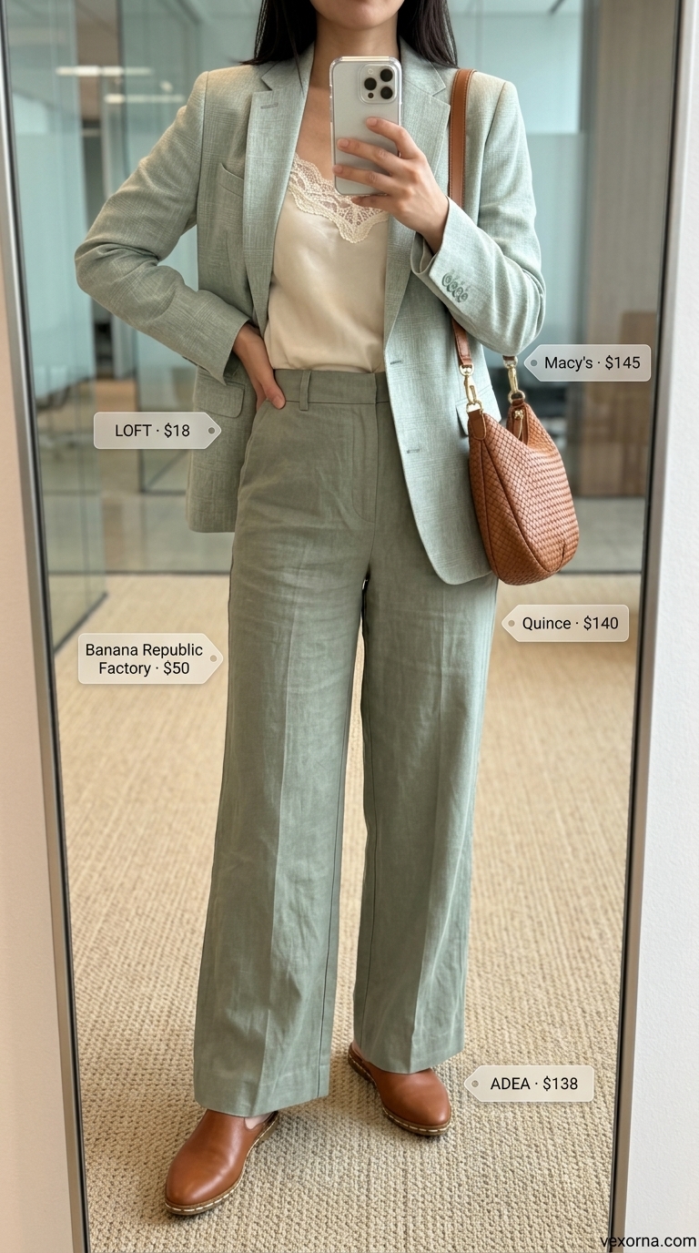 Summer office blazer outfits for women 2026: Sage green check blazer with khaki trousers for a creative office.