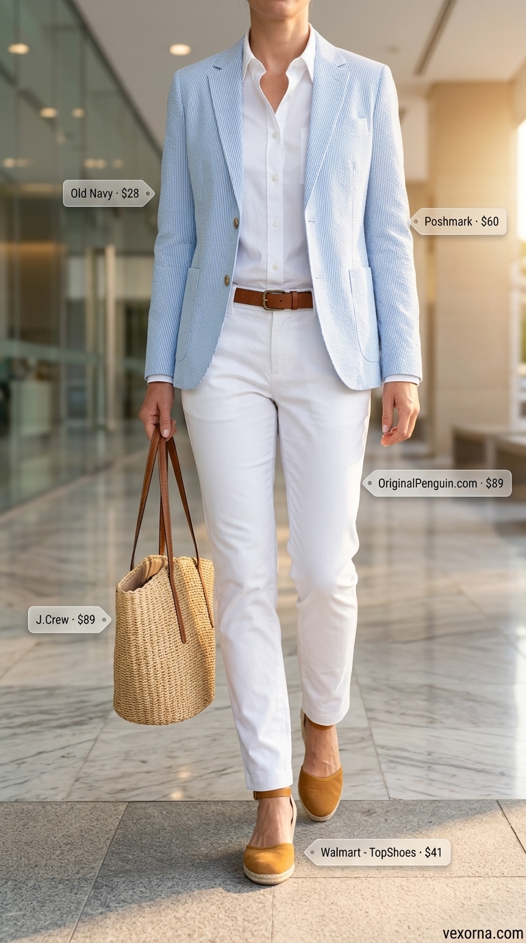 Summer office blazer outfits for women 2026: Seersucker blazer with chinos & button-down shirt for a preppy look.