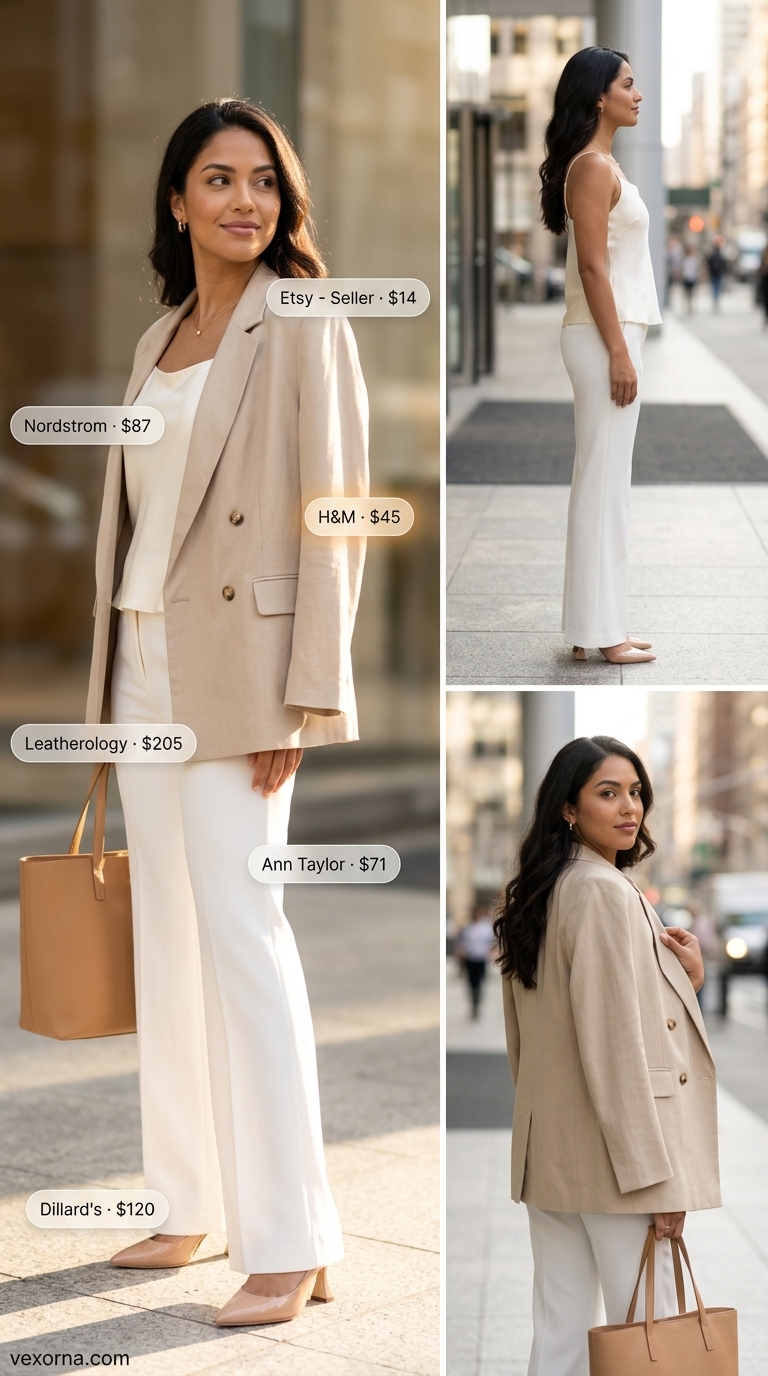 Polished beige blazer outfit for women 2026: beige blazer, white trousers, silk cami for client meetings.