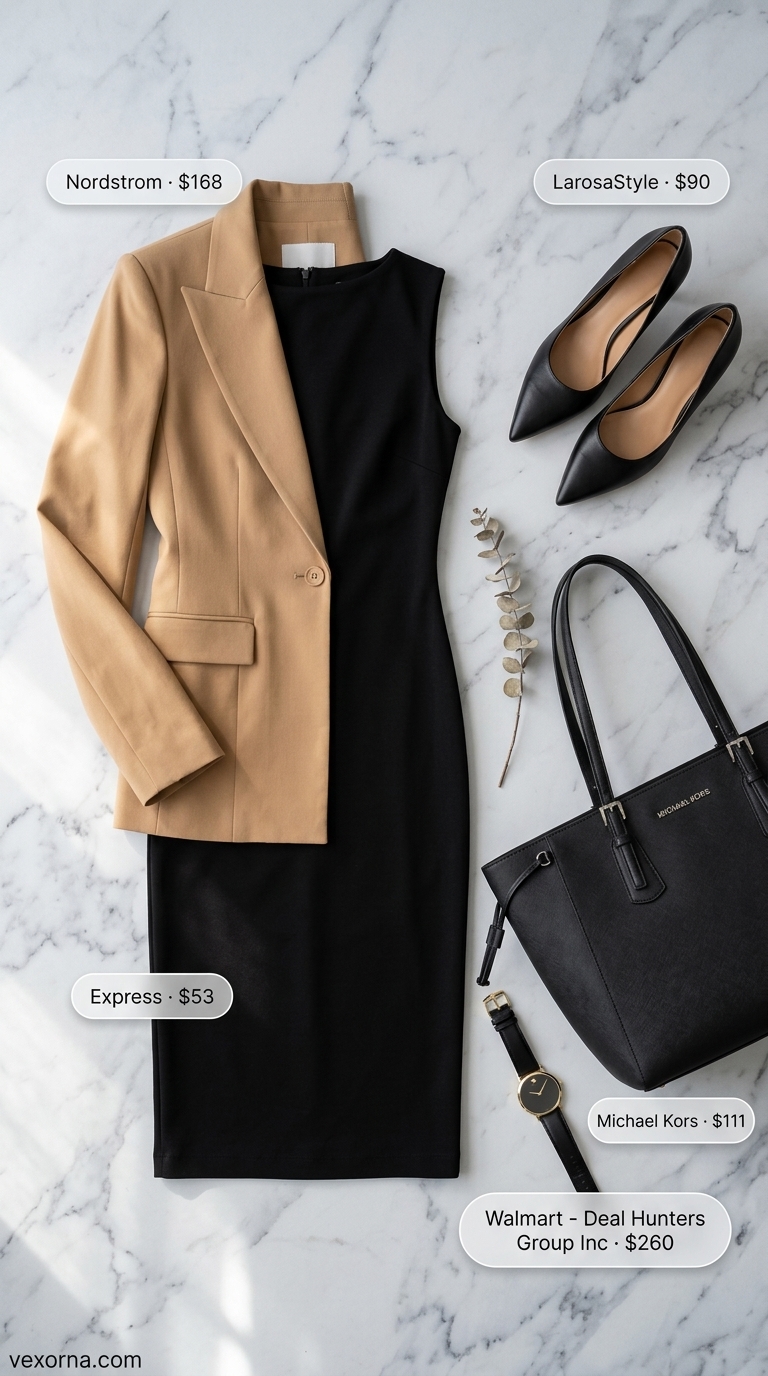 Sophisticated camel blazer outfit for women 2026: camel blazer, black dress, black pumps for boardroom meetings.