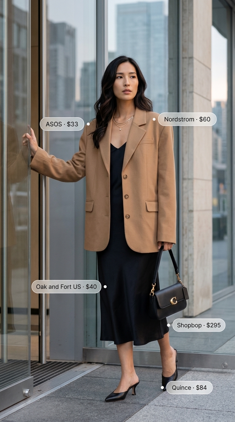 Sophisticated camel blazer outfit for women 2026: camel blazer, black slip dress for day-to-night.