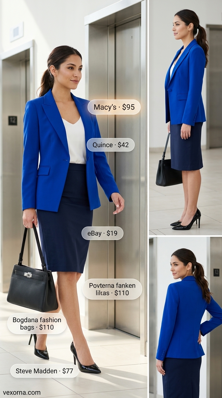 Modern cobalt blue blazer outfit for women 2026: blue blazer, white top, black skirt for presentations.