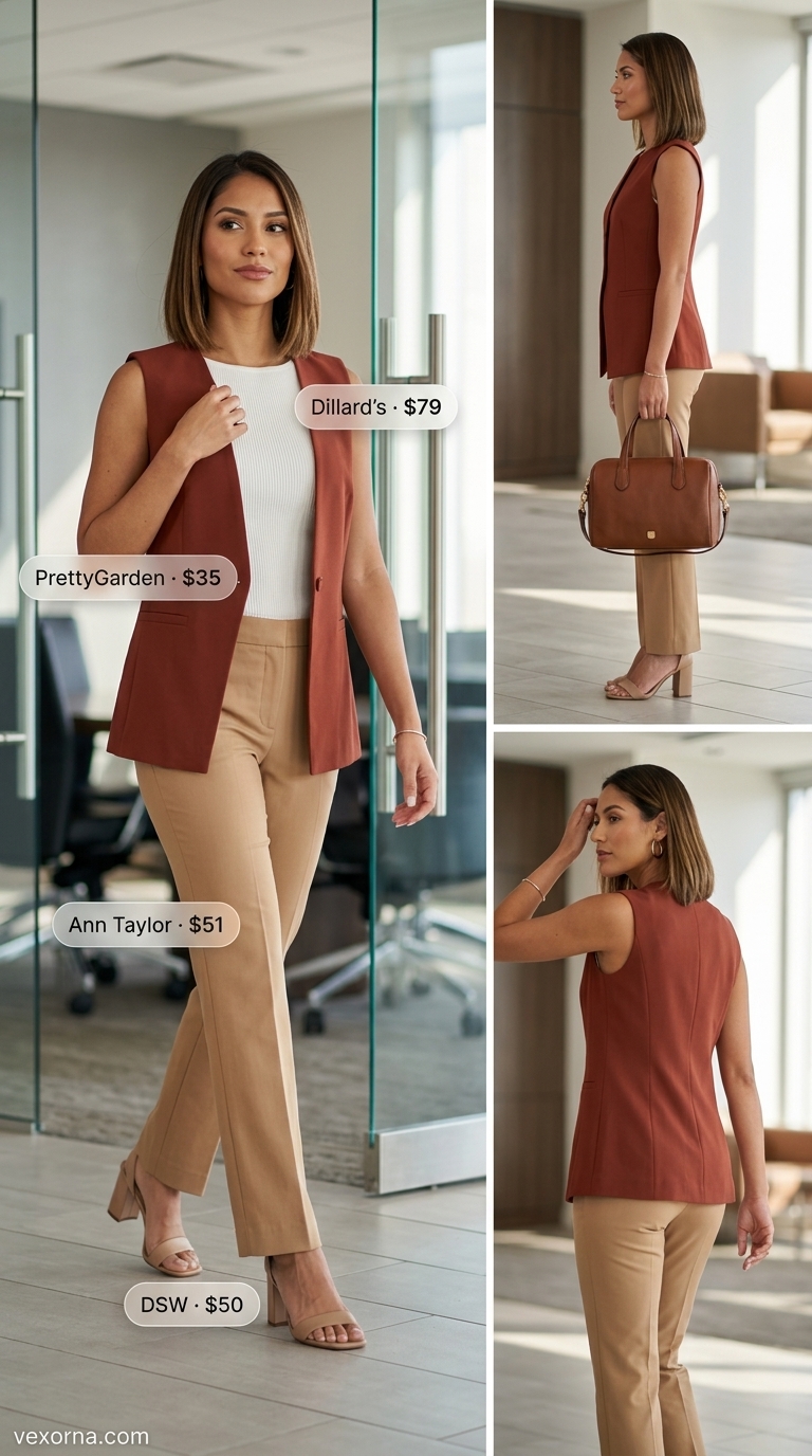 Vibrant coral blazer vest outfit for women 2026: coral vest, tan pants, ivory top for presentations.