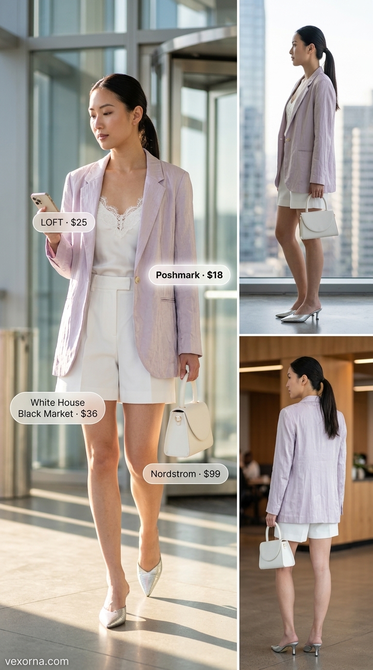 Soft lavender blazer outfit for women 2026: lavender blazer, cream shorts, lace cami for creative meetings.