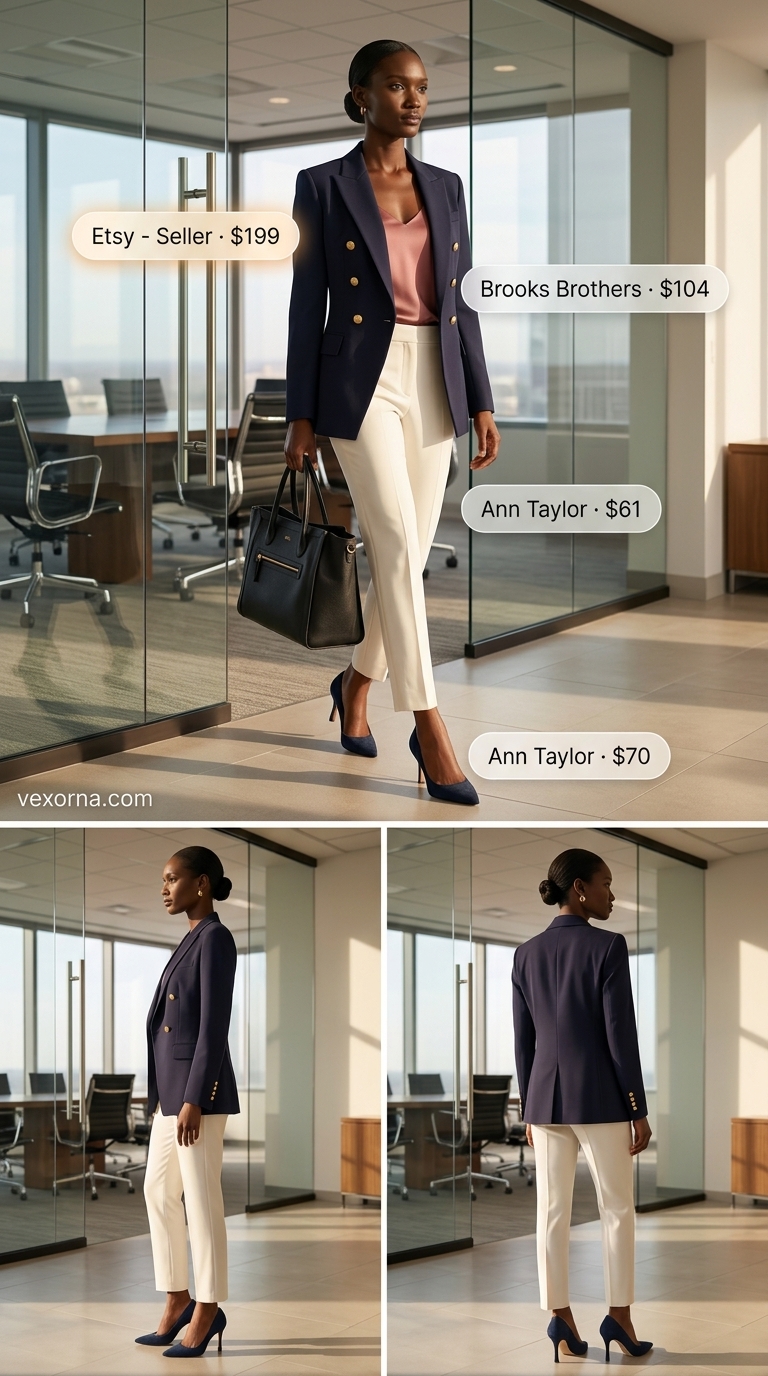 Classic navy blazer outfit for women 2026: navy blazer, white trousers, red blouse for business lunch.