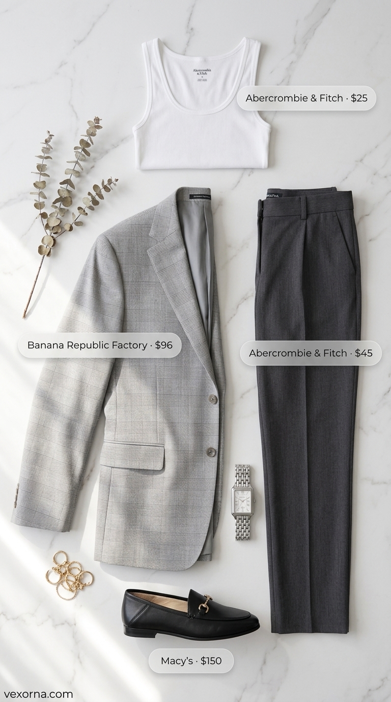 Refined plaid blazer outfit for women 2026: plaid blazer, grey trousers, white tank for office wear.