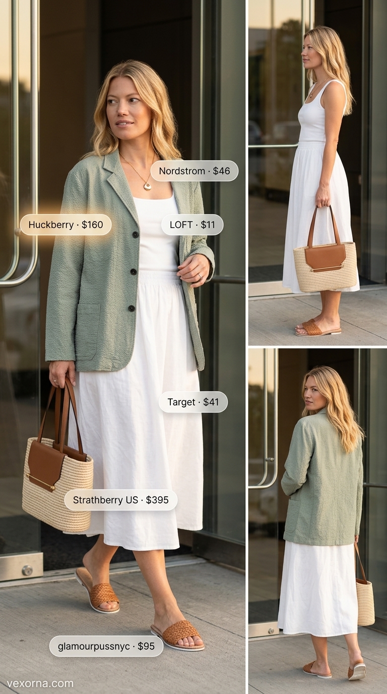 Relaxed sage green blazer outfit for women 2026: green blazer, white skirt, sandals for casual Friday.