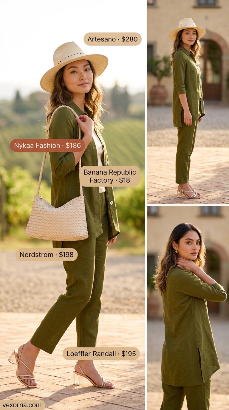Summer Old Money Outfit for Women 2026: Matching Set Summer old money outfit for women 2026: Olive green matching set, straw hat, leather bag for vineyard tour.