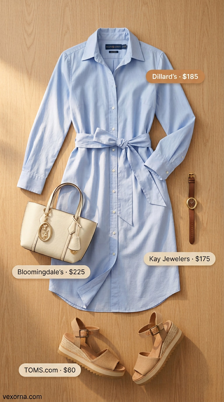 Summer Old Money Outfit for Women 2026: Shirt Dress Summer old money outfit for women 2026: Sky blue shirt dress, wedge sandals, tote for coastal brunch.