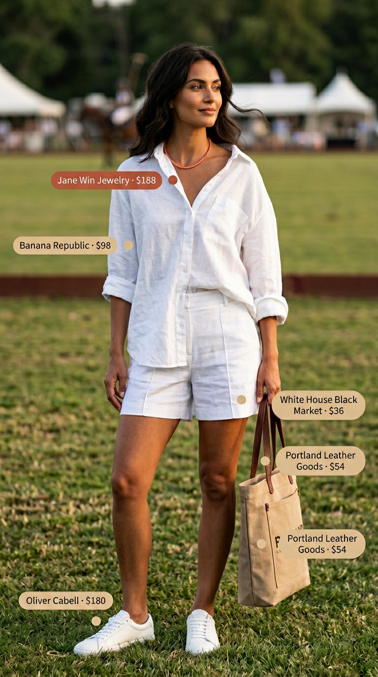 Summer Old Money Outfit for Women 2026: Shorts & Shirt Summer old money outfit for women 2026: White shorts, linen shirt, coral necklace for polo match.