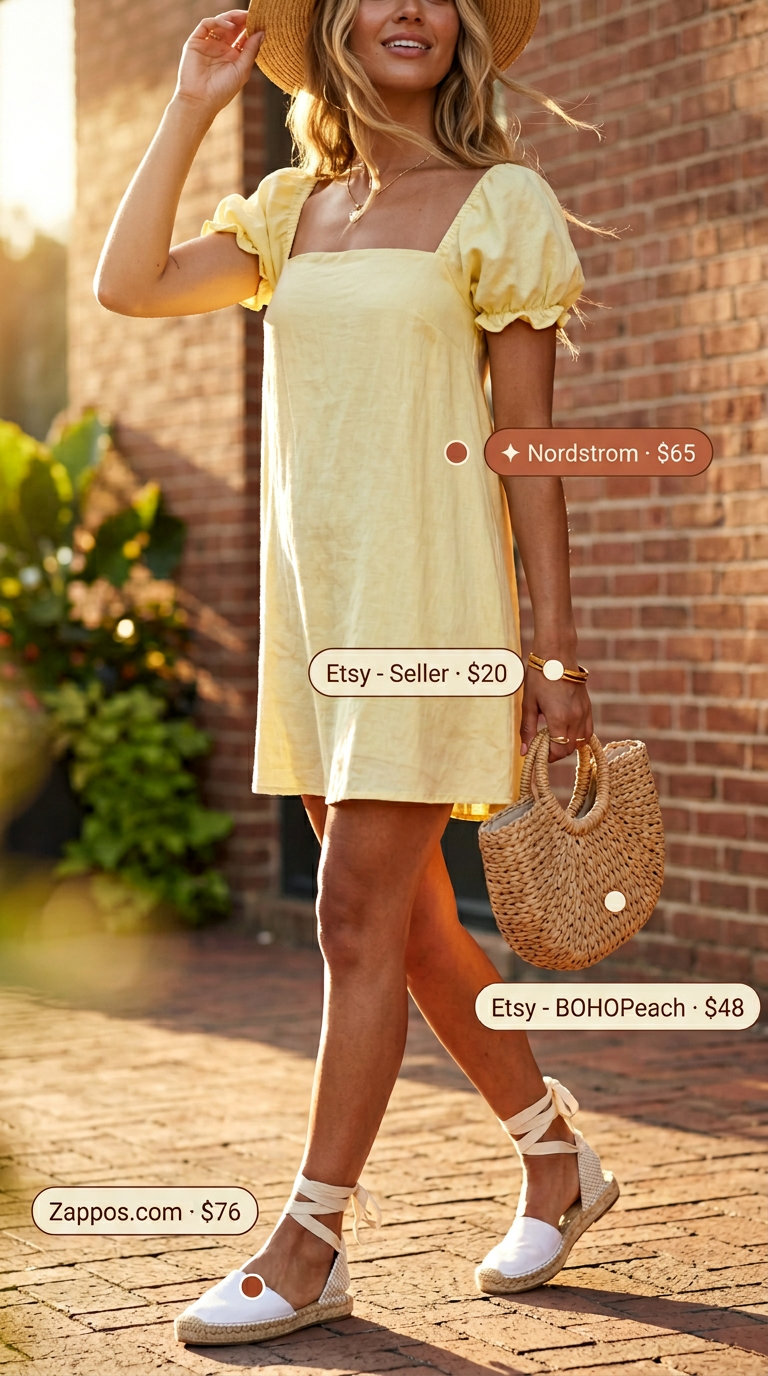 Summer Old Money Outfit for Women 2026: Yellow Dress Summer old money outfit for women 2026: Pale yellow dress, straw bag, espadrilles for casual lunch.