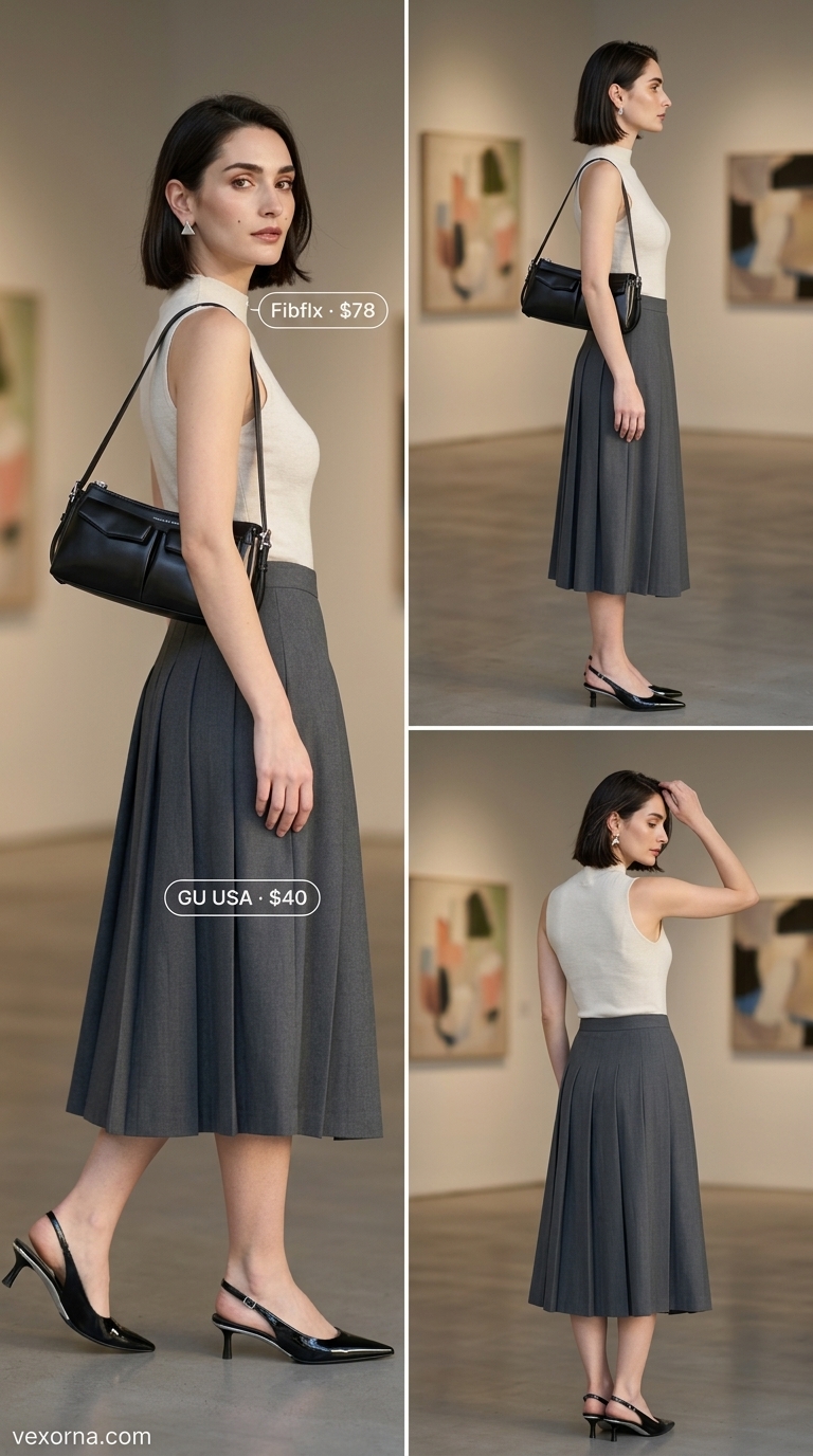 Art Gallery Opening: Summer Old Money Outfit for Women 2026 Summer old money outfit for women 2026: Charcoal grey satin midi skirt, ivory knit top, and black slingbacks for an art gallery opening.