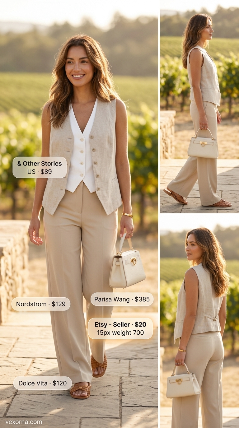 Summer Old Money Outfit for Women 2026: Vineyard Chic Summer old money outfit for women 2026: Beige linen trousers, vest, and sandals for a vineyard tour.