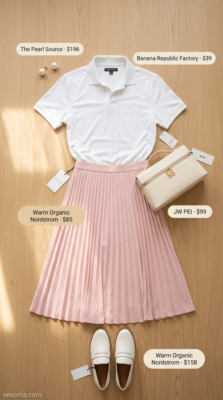 Summer Old Money Outfit for Women 2026: Country Club Chic Summer old money outfit for women 2026: Soft pink A-line midi skirt, white polo, and loafers for a country club event.