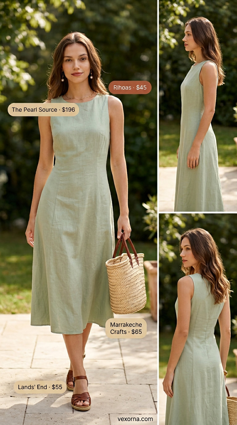 Country Club Afternoon: Summer Old Money Outfit for Women 2026 Summer old money outfit for women 2026: Sage green linen dress, pearl earrings, and espadrille wedges for a country club afternoon.