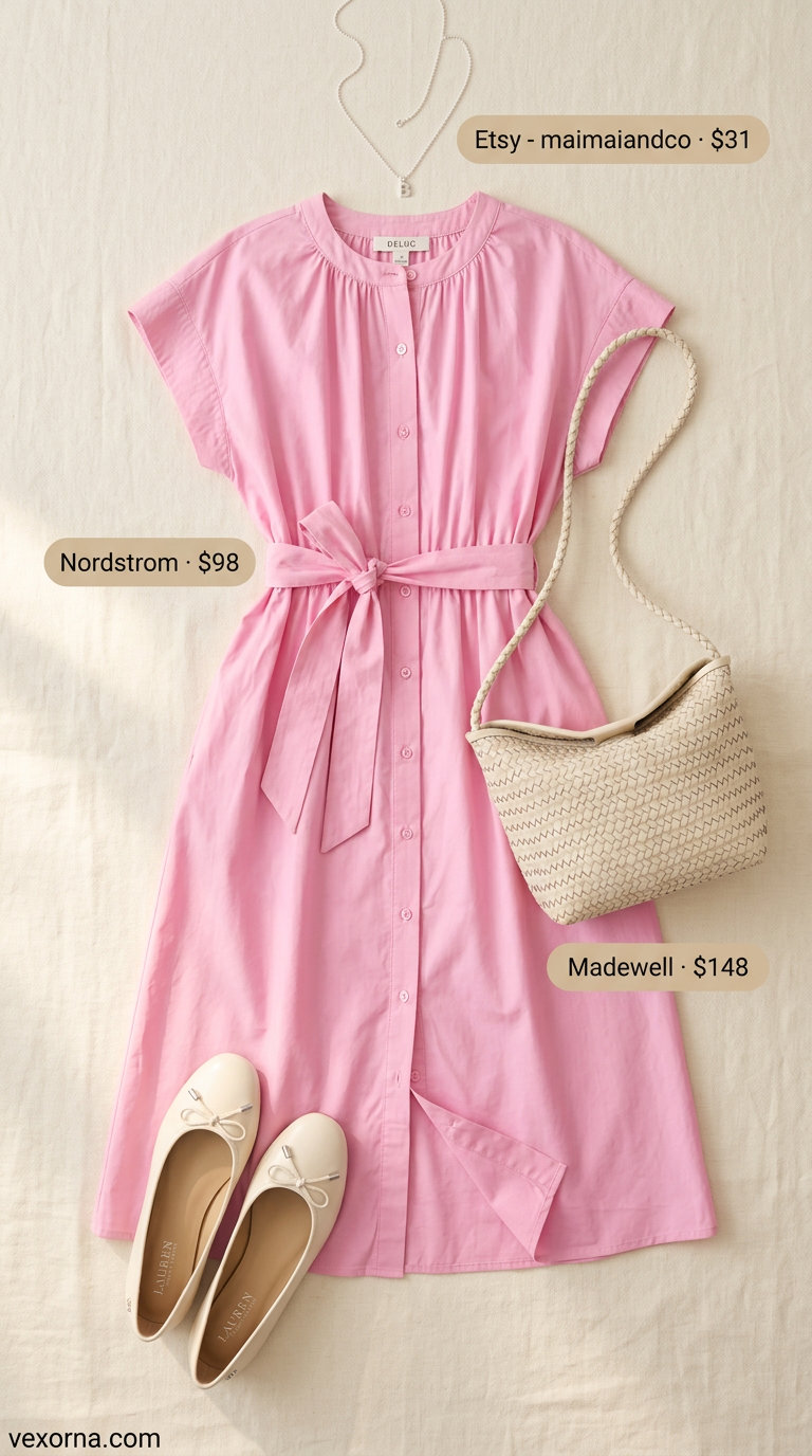 Summer Old Money Outfit for Women 2026: Garden Stroll Style Summer old money outfit for women 2026: Pale pink shirt dress, white ballet flats, and straw crossbody bag for a garden stroll.