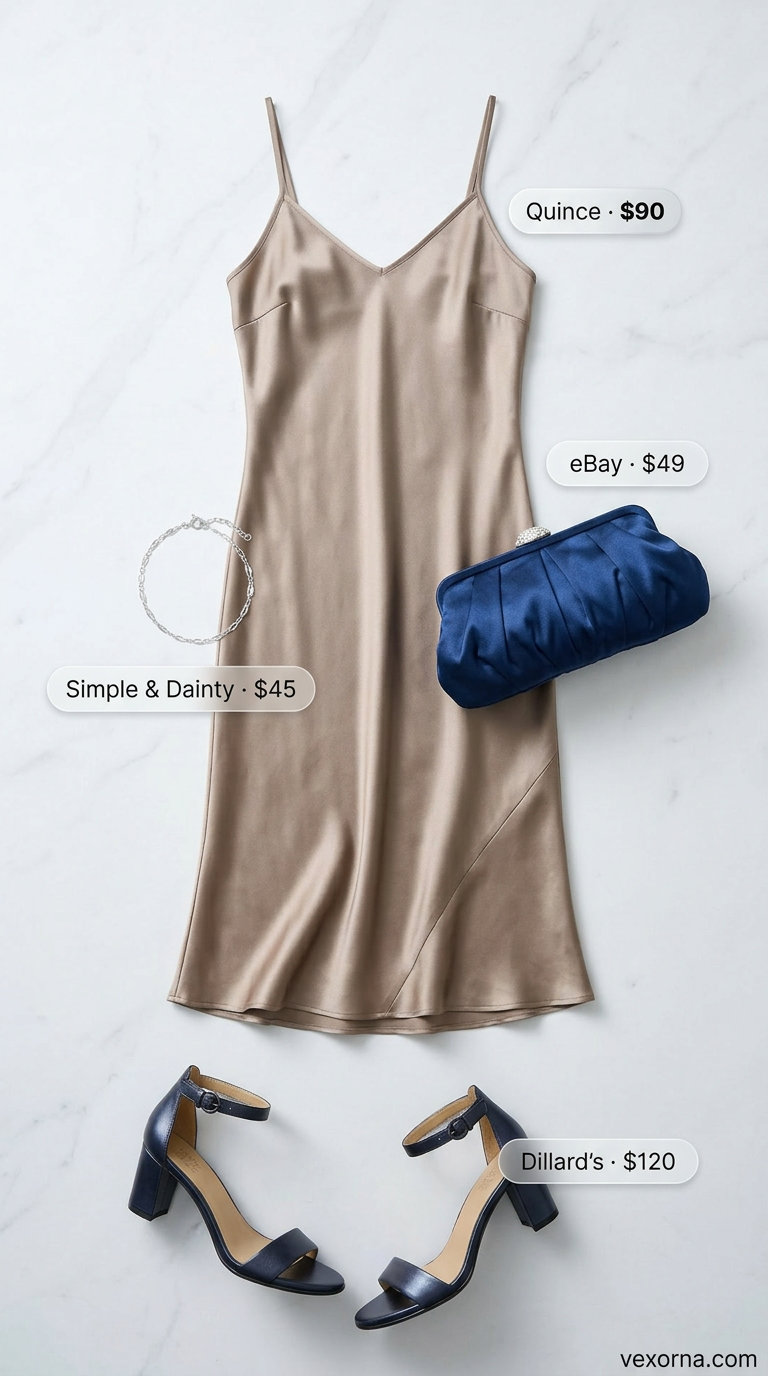 Summer Old Money Outfit for Women 2026: Sunset Dinner Elegance Summer old money outfit for women 2026: Light grey slip dress, navy clutch, and silver sandals for a sunset dinner.