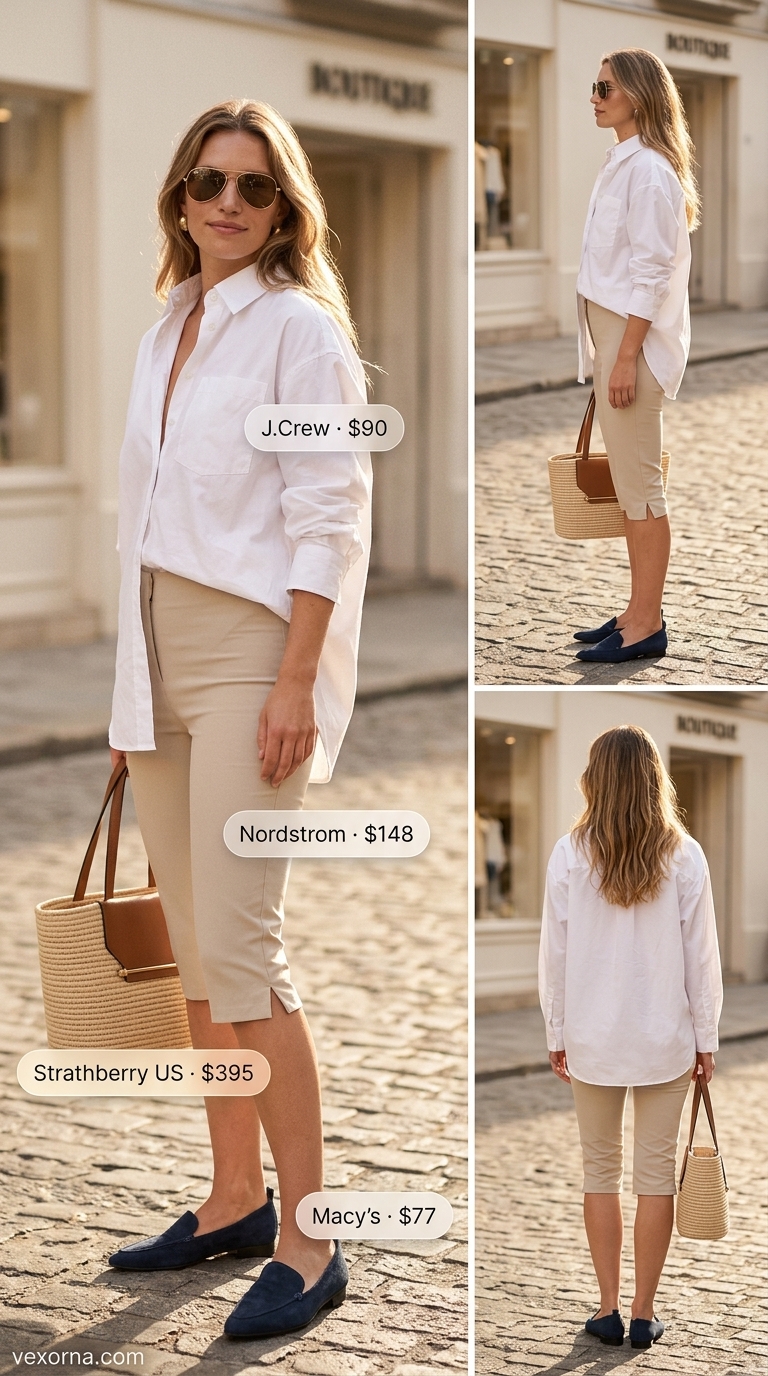 Hamptons Daytime Chic: Summer Old Money Outfit for Women 2026 Summer old money outfit for women 2026: White oversized shirt, tan capri pants, and leather mules for Hamptons daytime chic.