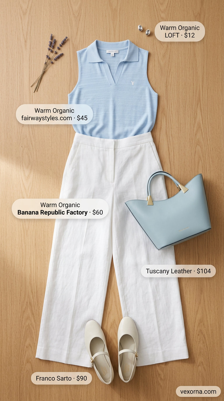 Hamptons Horizon: Summer Old Money Outfit for Women 2026 Summer old money outfit for women 2026: White wide-leg pants, pale blue knit top, and ballet flats for Hamptons horizon.