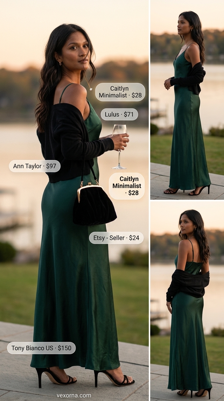 Lake House Soiree: Summer Old Money Outfit for Women 2026 Summer old money outfit for women 2026: Emerald green silk slip dress, black cardigan, and strappy sandals for a lake house soiree.