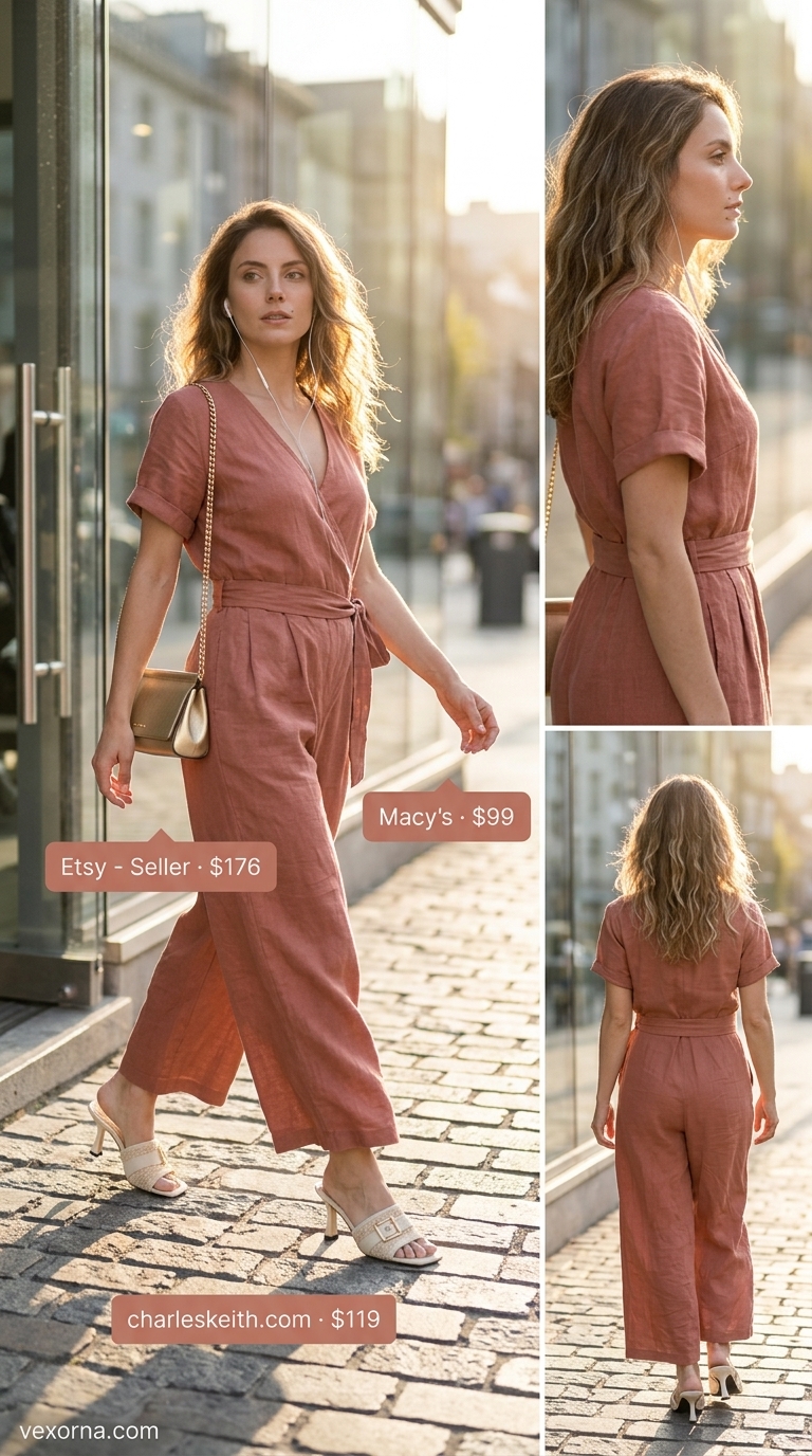 Mediterranean Evening: Summer Old Money Outfit for Women 2026 Summer old money outfit for women 2026: Terracotta linen jumpsuit, cream mules, and statement gold hoops for a Mediterranean evening.