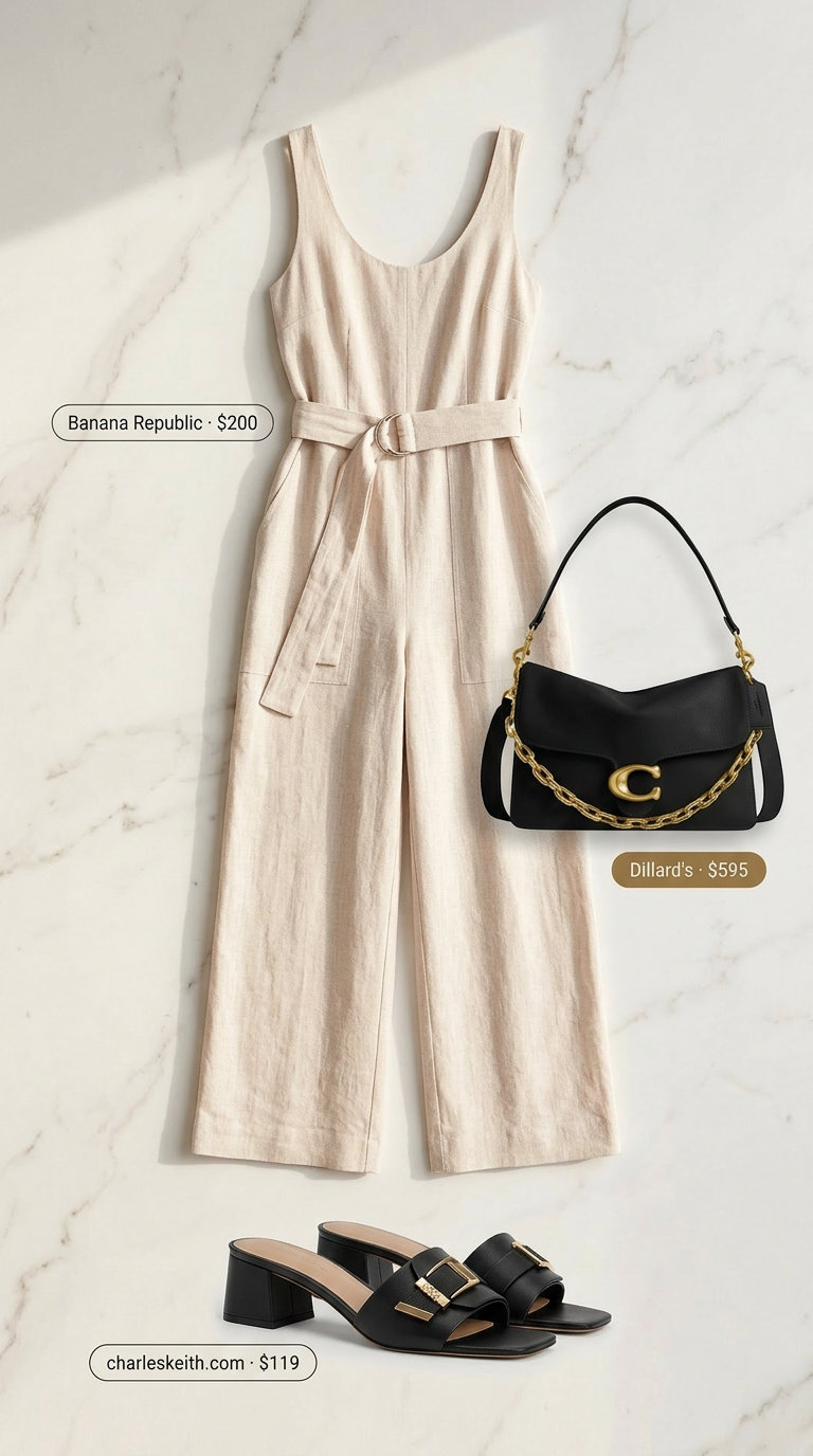 Summer Old Money Outfit for Women 2026: Monaco Inspired Summer old money outfit for women 2026: Beige linen jumpsuit, black shoulder bag, and gold ring for a daytime event.
