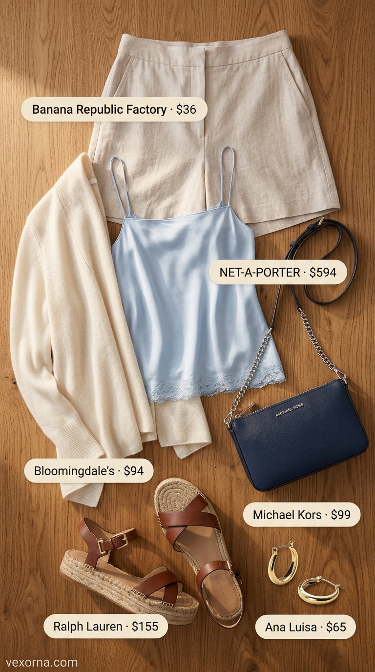 Summer Old Money Outfit for Women 2026: Riviera Style Summer old money outfit for women 2026: Cream linen shorts, navy camisole, cardigan, and espadrilles for resort wear.