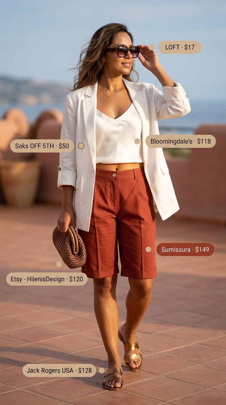 Summer Old Money Outfit for Women 2026: Villa Escape Style Summer old money outfit for women 2026: Terracotta linen shorts, ivory silk camisole, blazer, and metallic sandals.