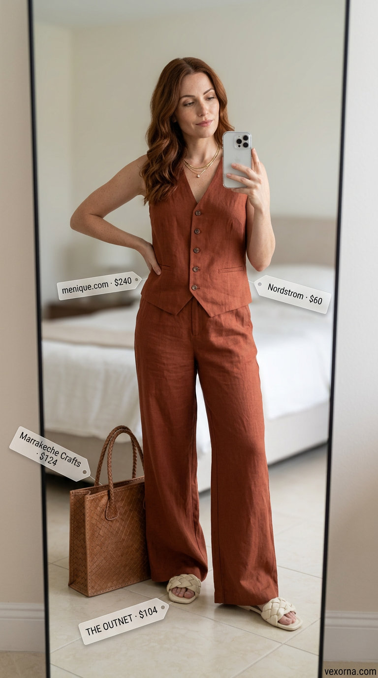 Summer old money outfit for women 2026: Terracotta linen set, cream sandals, and layered gold necklaces for a Tuscan vineyard tour.