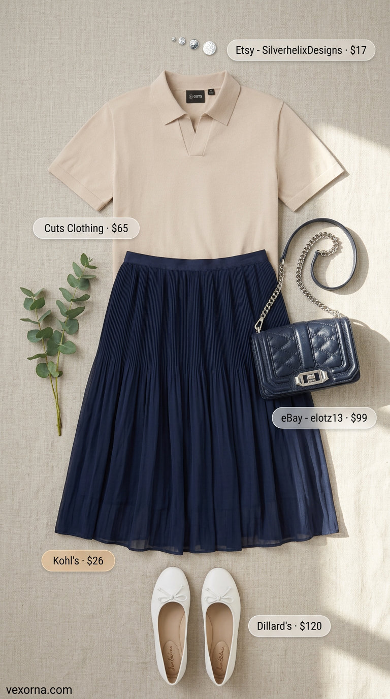 Summer Old Money Outfit for Women 2026: Yacht Club Casual Summer old money outfit for women 2026: Navy pleated skirt, cream polo shirt, and ballet flats for a yacht club.