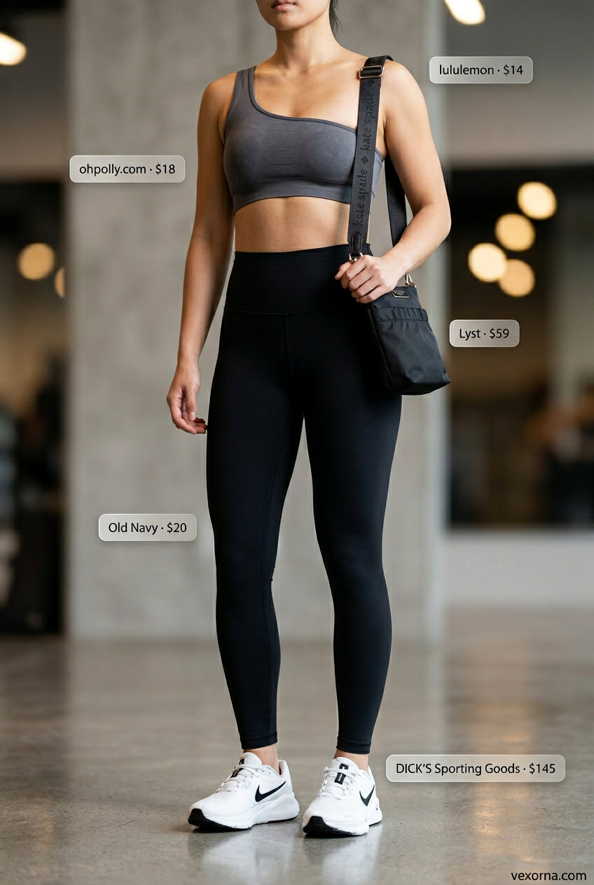 Athleisure summer one shoulder neck outfits for women 2026: charcoal sports bra, black leggings, running sneakers.