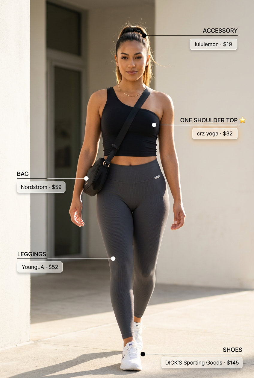 Black one-shoulder athletic top with grey leggings for athleisure summer outfits 2026. Sporty errand style.