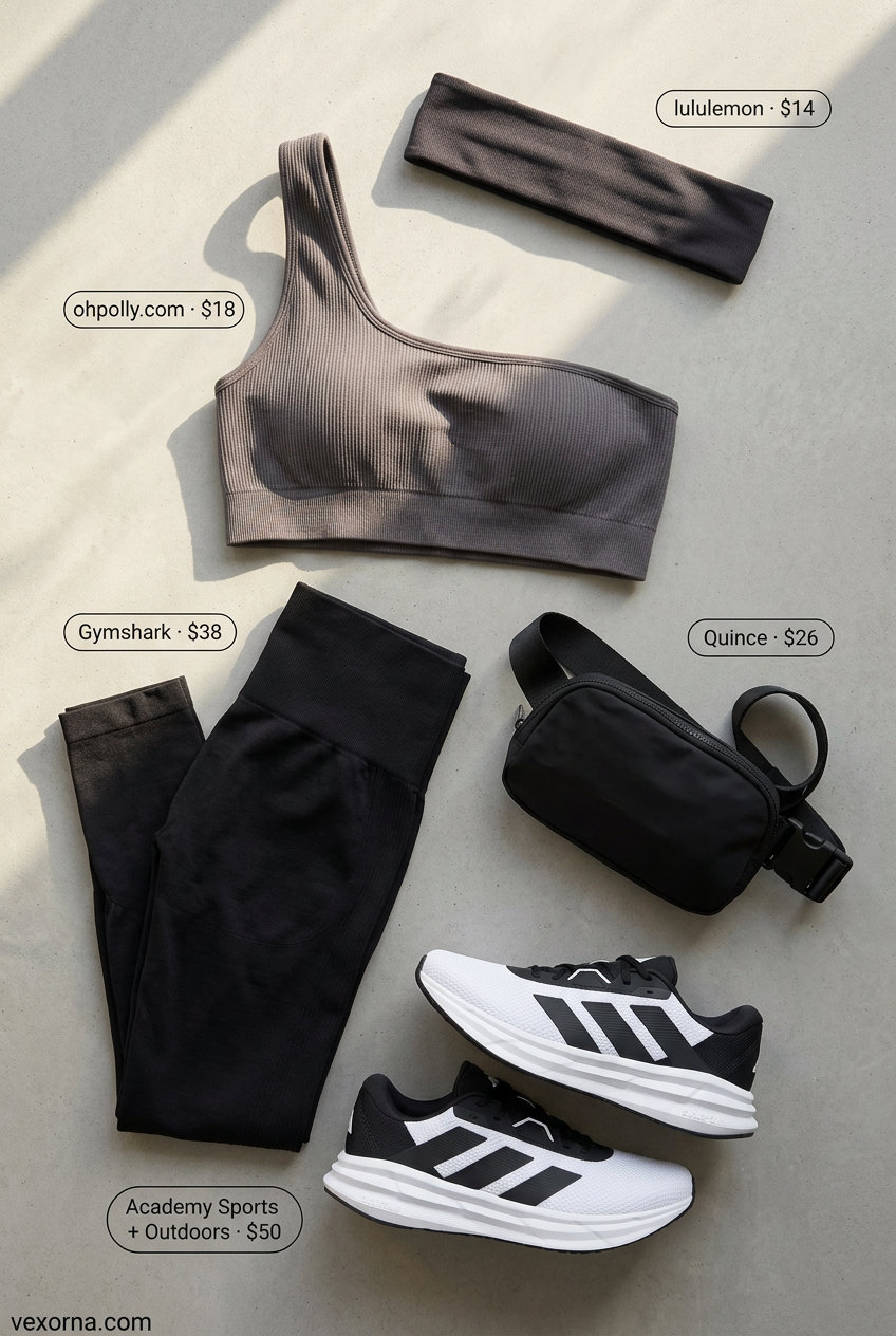 Athletic charcoal grey one shoulder sports bra outfits for women 2026: High-waisted leggings, sneakers for workouts.