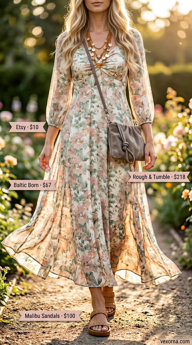 Muted floral one-shoulder maxi dress for boho summer outfits 2026. Romantic garden party style.
