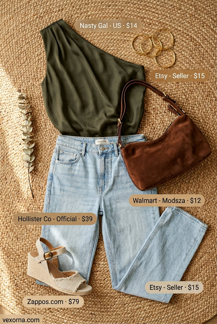 Boho olive green one shoulder peasant blouse outfits for women 2026: Straight leg jeans, espadrilles for casual outings.