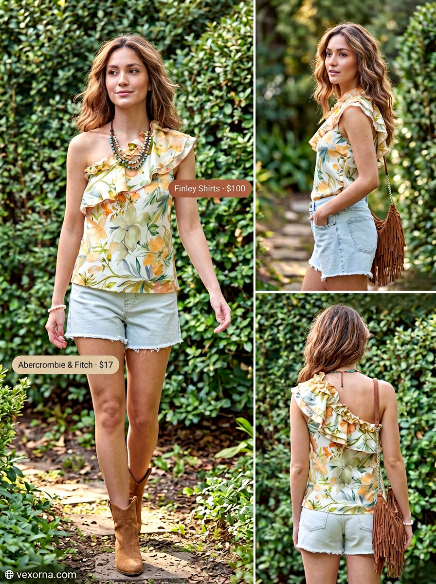 Boho summer one shoulder neck outfits for women 2026: floral peasant top, denim shorts, suede boots, layered necklaces.