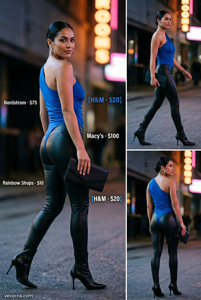 Bold electric blue one shoulder bodysuit outfits for women 2026: Faux leather leggings, ankle boots for night out.