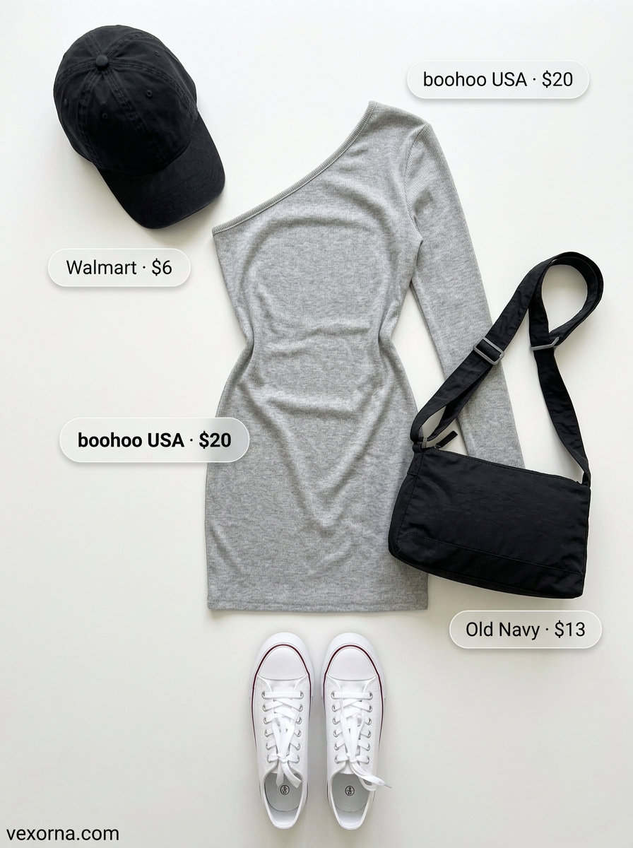 Grey one-shoulder t-shirt dress for casual summer outfits 2026. Comfortable weekend brunch style.