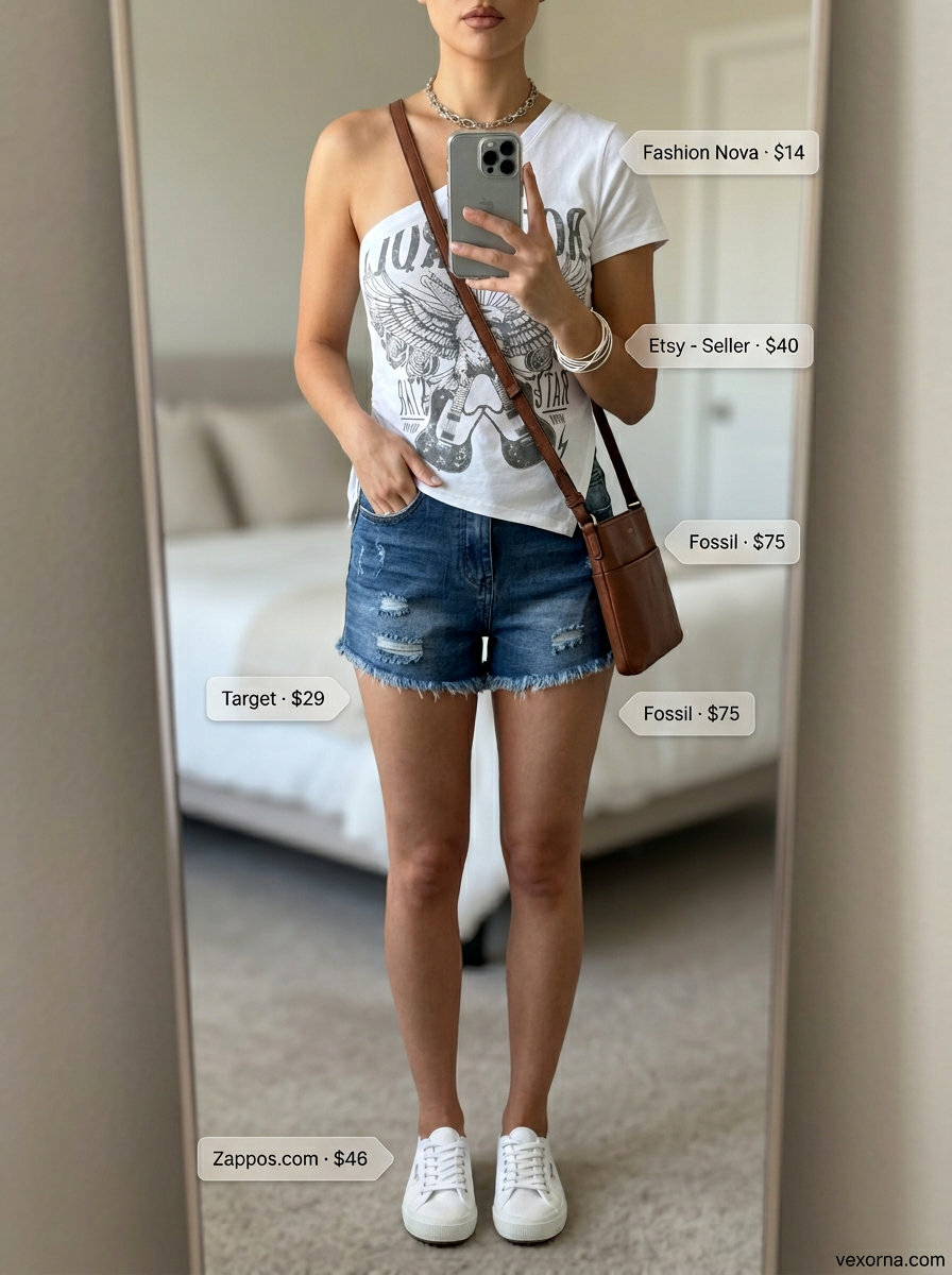 White graphic one-shoulder tee with denim shorts for cool summer outfits 2026. Casual day out style.