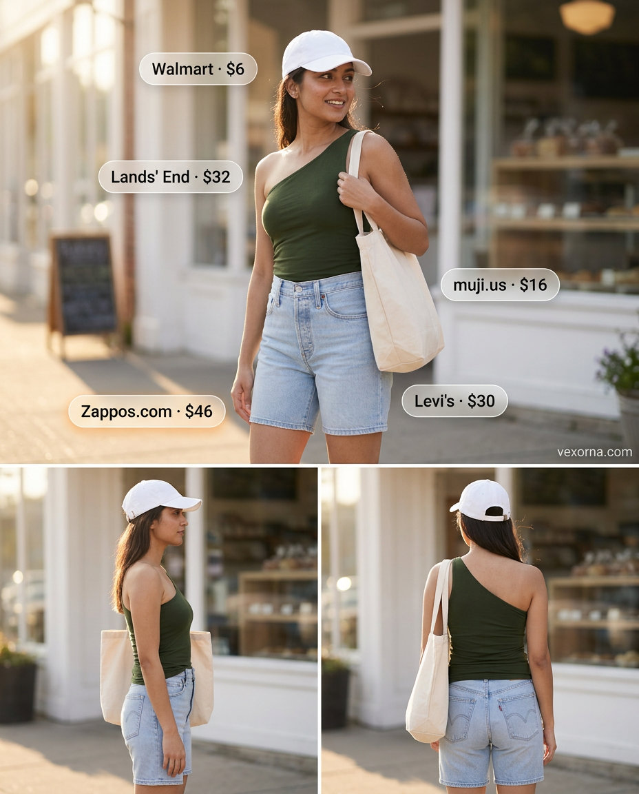 Casual muted green one shoulder t-shirt outfits for women 2026: Denim shorts, sneakers for weekend errands.
